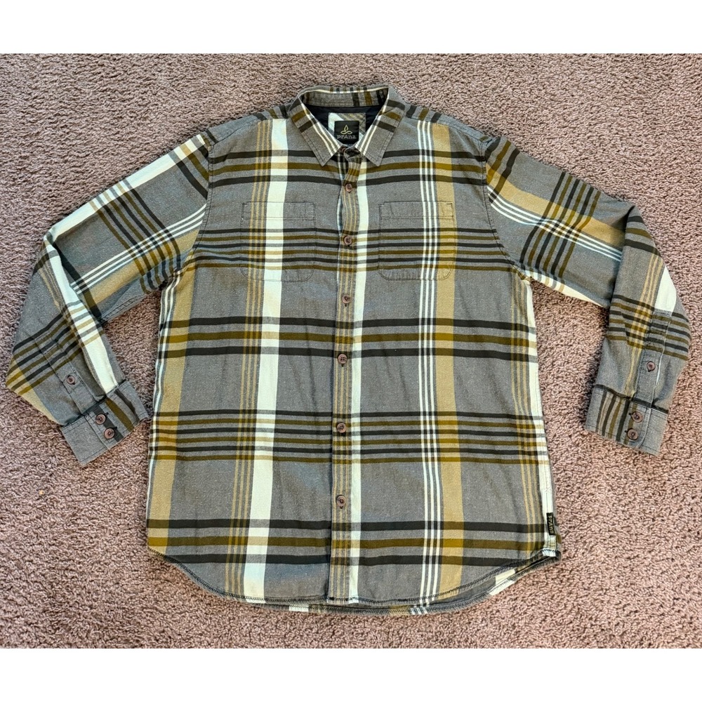 Prana Mens XL Plaid Button Down Shirt Long Sleeve Gray Yellow Outdoor Flannel